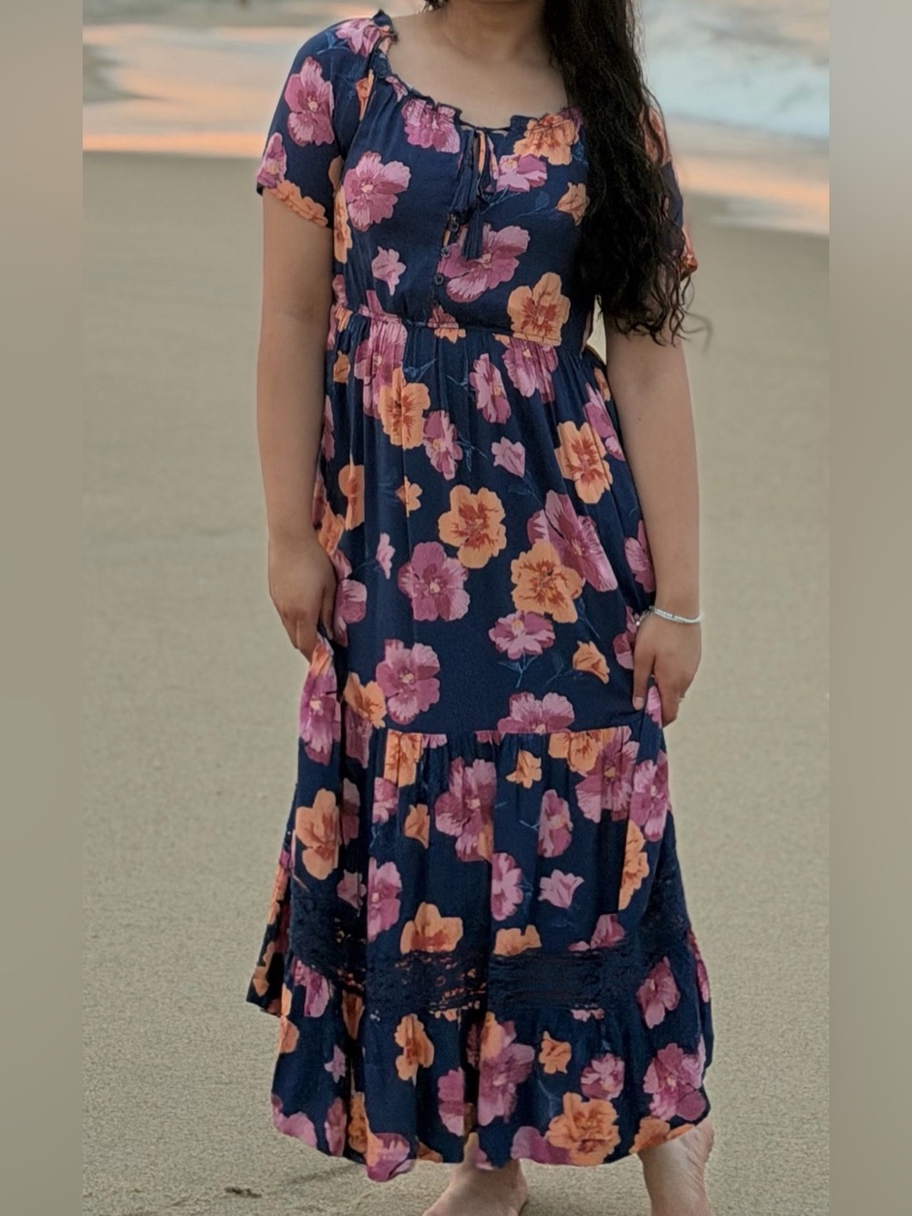 Navy Floral Maxi beach Dress with Pink and Peach Blooms